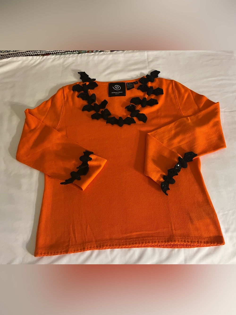 VERY Unique & Vintage Michael Simon Orange Knit Top with Black Bats